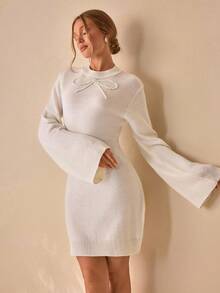 CLARA VERO WOMEN WHITE SLIM FIT KNIT TOP WITH PEARL BOW DETAIL & FLARED SLEEVES, A-LINE MINI SKIRT SET,Jumper Dress,Jumper Dress Woman,Winter Dress,Knitted Dress,Dress,Winter Dresses - White - View 1