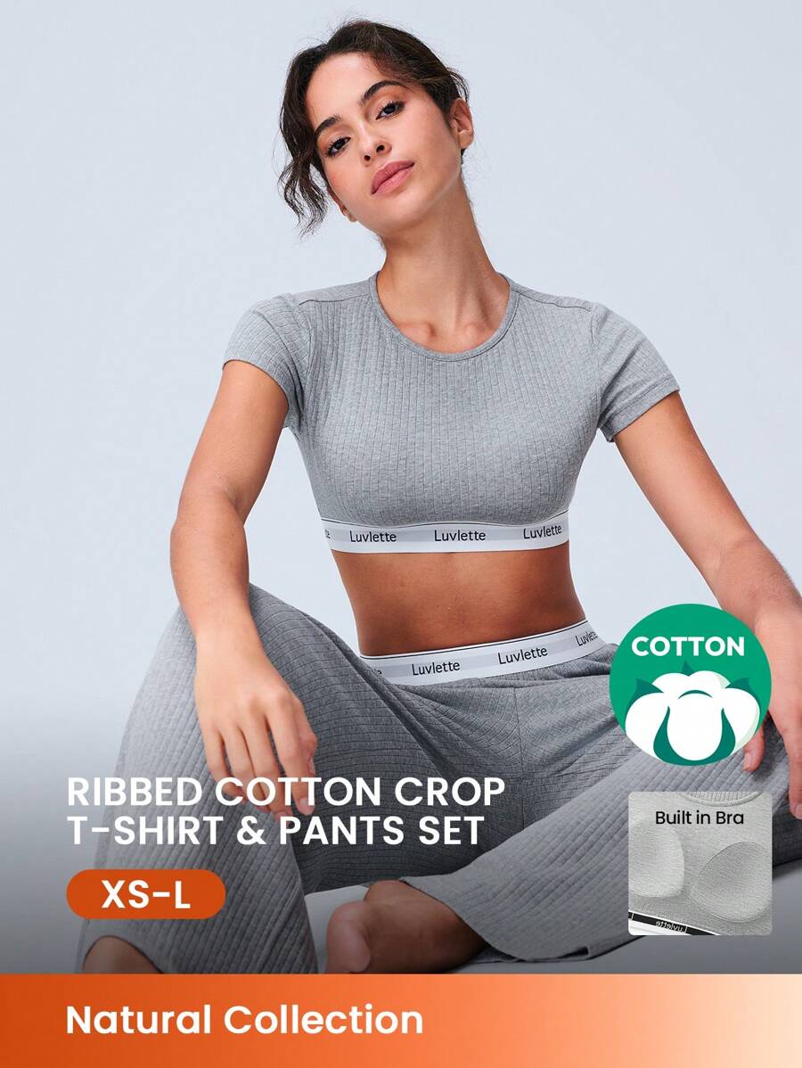 LUVLETTE 夏季运动风女式灰色柔软棉质罗纹内置罩杯文胸休闲上衣和裤子透气舒适睡衣套装，搭配弹力腰带带口袋运动裤，可作内衣外穿的配套套装