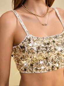 Muvela 2 件闪亮金色亮片吊带背心和迷你裙套装，优雅奢华风格，适合派对、生日、圣诞节、晚会、秋季 - 金色 - 查看 4