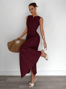 Siren Gaze 夏季新款褶皱无袖A字连衣裙 - 酒紅色 - 查看 7