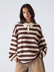 LYSMO 2025 Nuevo Llegado Minimalismo Otoño Mujer Camiseta casual holgada de cuello polo de manga larga con hombros caídos a rayas para salir, volver a la escuela, graduación, ropa urbana, grunge y punk chic, estilo Y2K y Estocolmo, mujer con estilo y maestra única, aeropuerto y viaje para mujer, blusas de otoño