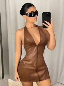 SHEIN ICON 深 V 领挂脖拉链前身修身迷你 PU 连衣裙 - 棕色 - 查看 3