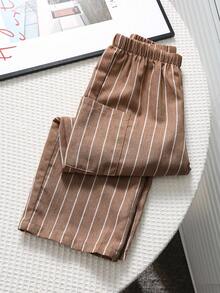 SHEIN 男童休闲舒适百搭条纹直筒裤 - 棕色 - 查看 3