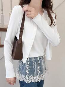 FRIFUL Women's Casual Versatile Solid Color Front Button Blouse With Lace Patchwork Camisole 2 Pieces Set Lounge Sets For Women - White - View 7