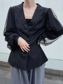FRIFUL Women's Solid Color Lapel Neck Splice Mesh Long Sleeve Elegant Blazer, Fall Women Clothes Jackets For Women Jacket For Women Cropped Blazer Black Blazer Women Mesh Sleeve Blazer Black Crop Jacket Blazers For Women Sheer Sleeve Blazer Business Attire