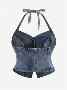 SHEIN MOD 大码女式牛仔美式复古挂脖背心夹克 - 中等水洗藍 - 查看 2
