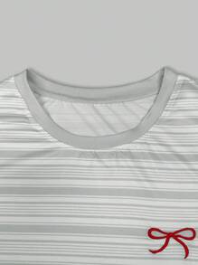 大码女装T恤/蝴蝶结图案印花/粉色/条纹格子时尚大码T恤/刺绣工艺/女士休闲超宽松圆领上衣/春夏 - 彩色 - 查看 4