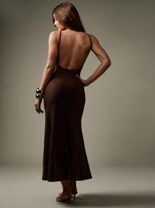 MISSGUIDED Elegantes Midaxi Abendkleid ärmellos mit Glitzer, Schimmer und offenem Rücken, figurbetonter Rundhalsausschnitt, langes Kleid für Dinner-Partys, Hochzeitsgäste, besondere Anlässe - Kaffeebraun - Übersicht 2