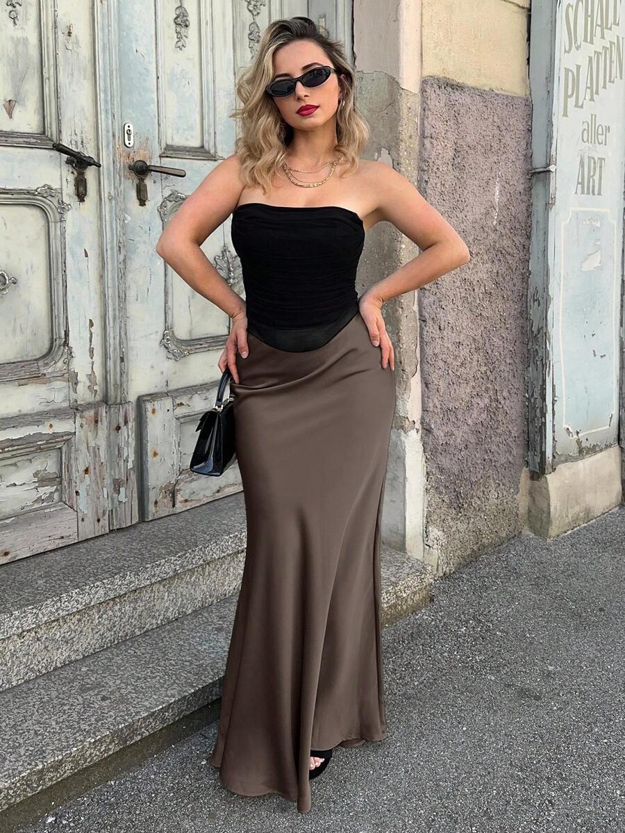 Jeta Ari 高腰纯色优雅长款美人鱼裙 - 咖啡棕 - 查看 1