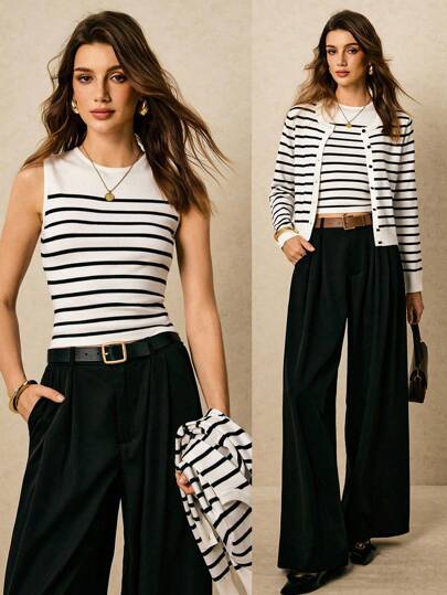 Poéselle 女士休闲条纹开衫和针织背心两件套，春秋