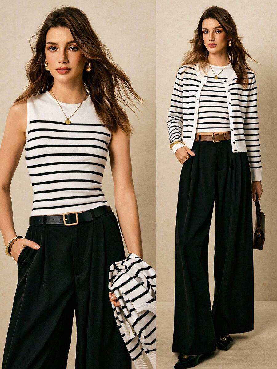 Poéselle 女士休闲条纹开衫和针织背心两件套，春秋 - 黑與白 - 查看 1