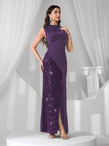 Coutiva Váy dạ hội cao cấp, váy dạ hội khiêu vũ có miếng vá sequin, phong cách quý cô sang trọng thanh lịch - Màu tím - Xem 6