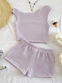 SHEIN Bộ 2 món đồ thường ngày cho bé gái tuổi mới lớn: Áo len dệt kim lệch vai có họa tiết và quần short ôm sát, thích hợp cho tiệc tùng, bãi biển, du ngoạn, lễ hội, mùa hè - Màu tím hoa cà - Xem 2
