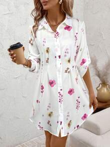 SHEIN Clasi 女士花卉印花衬衫裙，秋冬时尚百搭通勤连衣裙 - 彩色 - 查看 3