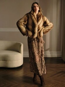 MOTF PREMIUM Cappotto oversize con collo scialle in pelliccia sintetica, spalle a caduta, autunno inverno - Caffè Marrone - Visualizzare 7
