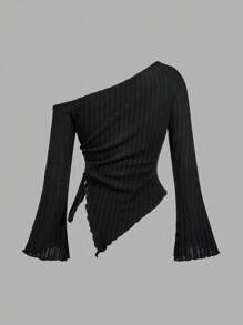 SHEIN MOD 两件装黑白女式不对称下摆喇叭袖T恤，带抽绳，不对称领口，罗纹袖，喇叭袖，单袖上衣，适合返校季、教师、可爱女性、万圣节服装、商务休闲女性、办公室女性穿着。 - 黑與白 - 查看 8