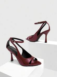 CUCCOO SZL Women's Fashion Burgundy Pointed Toe Ankle Strap Stiletto High Heel Sandals, Suitable For Commute, Date, Party, Holiday, Wedding