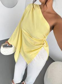 Firerie 加大码女式优雅新款时尚海滩度假休闲不对称肩部超长袖腰部褶饰金属装饰黄色衬衫 - 黃色 - 查看 6
