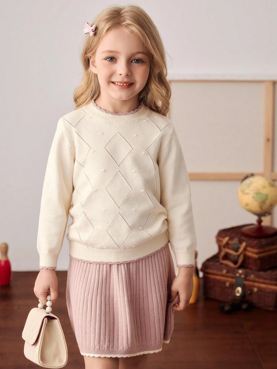 PrepCrw Suéter de manga comprida com gola redonda estilo universitário para meninas e minissaia de malha, roupa casual - Multicolorido - Ver 1