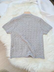 INAWLY Slim Fit Vintage Embroidered Cable Knit Short Sleeve Cropped T-Shirt - Grey - View 4