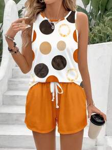 SHEIN LUNE Bộ 2 áo ba lỗ cổ tròn họa tiết chấm bi thường ngày cho nữ và quần short, phù hợp cho mùa hè - Nhiều màu - Xem 3