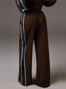 Athîral Women's Elastic Waist Side Striped Wide Leg Loose Casual Pants Brown Pants Women Wide Leg Pants Snap Pants Track Pants Brown Track Pants - Coffee Brown - View 3