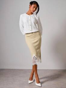 COSMINA Women's Elegant Lace Patchwork Knit Sweater Skirt, Autumn/Winter,Fall - Khaki - View 6