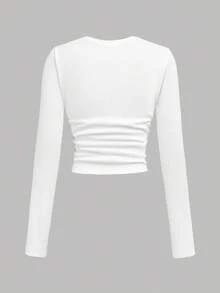 Girlism 少女两件套：白色罗纹褶皱腰长袖上衣和蓝色梭织工装裤，休闲街头风格服装 - 藍色 - 查看 7