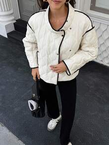 SHEIN LUNE Casual Contrast Color Trim Jacket, Winter - Apricot - View 5