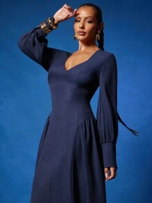 NYA SZN 连衣裙长袖深 V 领修身特殊场合端庄早午餐婚礼宾客新娘派对约会商务休闲长款秋季女士服装 - 藍色 - 查看 5