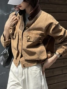 DAZY Women's Color Block Patchwork Collar Short Denim Jacket With Large Pockets, Casual Street Style