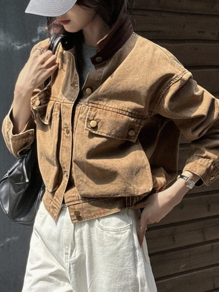 DAZY Women's Color Block Patchwork Collar Short Denim Jacket With Large Pockets, Casual Street Style