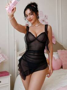 PetitDoll 2pcs Set Sheer Ruffle Asymmetrical Hem Mini Dress, Going Out Sheer Lingerie Set - Black - View 2
