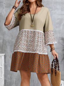 EMERY ROSE Übergröße, Urlaub, lässig, dreilagig, farblich abgestimmt, Blumennähte, Spitzendekoration, lockeres Babydoll-Kleid, Rundhalsausschnitt, knielanges Kleid, Boho-Kleid, Übergröße, Blumenmuster, Übergröße, Sommerkleid in Übergröße, Herbstkleider für Damen, Country-Konzert-Outfit, Übergröße, Boho-Kleid, Übergröße, Blumenkleid - Verschiedenfarbig - Übersicht 4