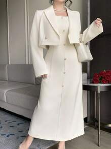 DAZY Women's Solid Color Lapel NeckLong Sleeve Double-Breasted Jacket And Dress Elegant Suit Set Buisness Attire - White - View 4