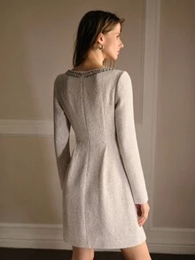 MOTF PREMIUM TWEED RHINESTONE TRIM DRESS - Black and White - View 3