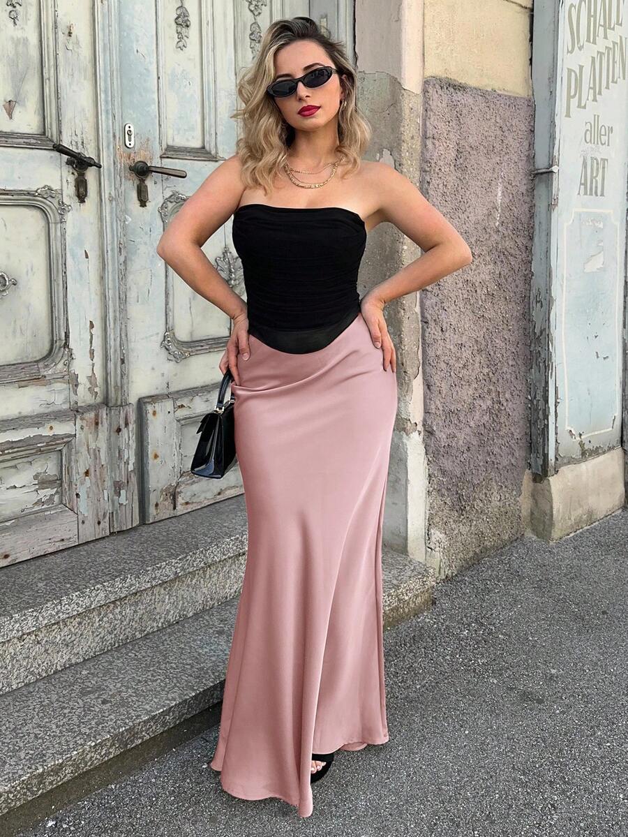 Jeta Ari Falda elegante de línea A con cremallera de unicolor, adecuada para el atuendo de mujer de longitud maxi para ir al trabajo - Rosa Oxidada - Ver 1