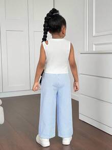Young Girl Cute Summer Knit White Tank Top & Striped Elastic Waist Loose Pants Set