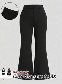 SHEIN CURVE+ 大码女式纯色时尚休闲紧身喇叭裤，适合通勤 - 黑色 - 查看 1