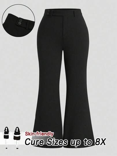 SHEIN CURVE+ 大码女式纯色时尚休闲紧身喇叭裤，适合通勤