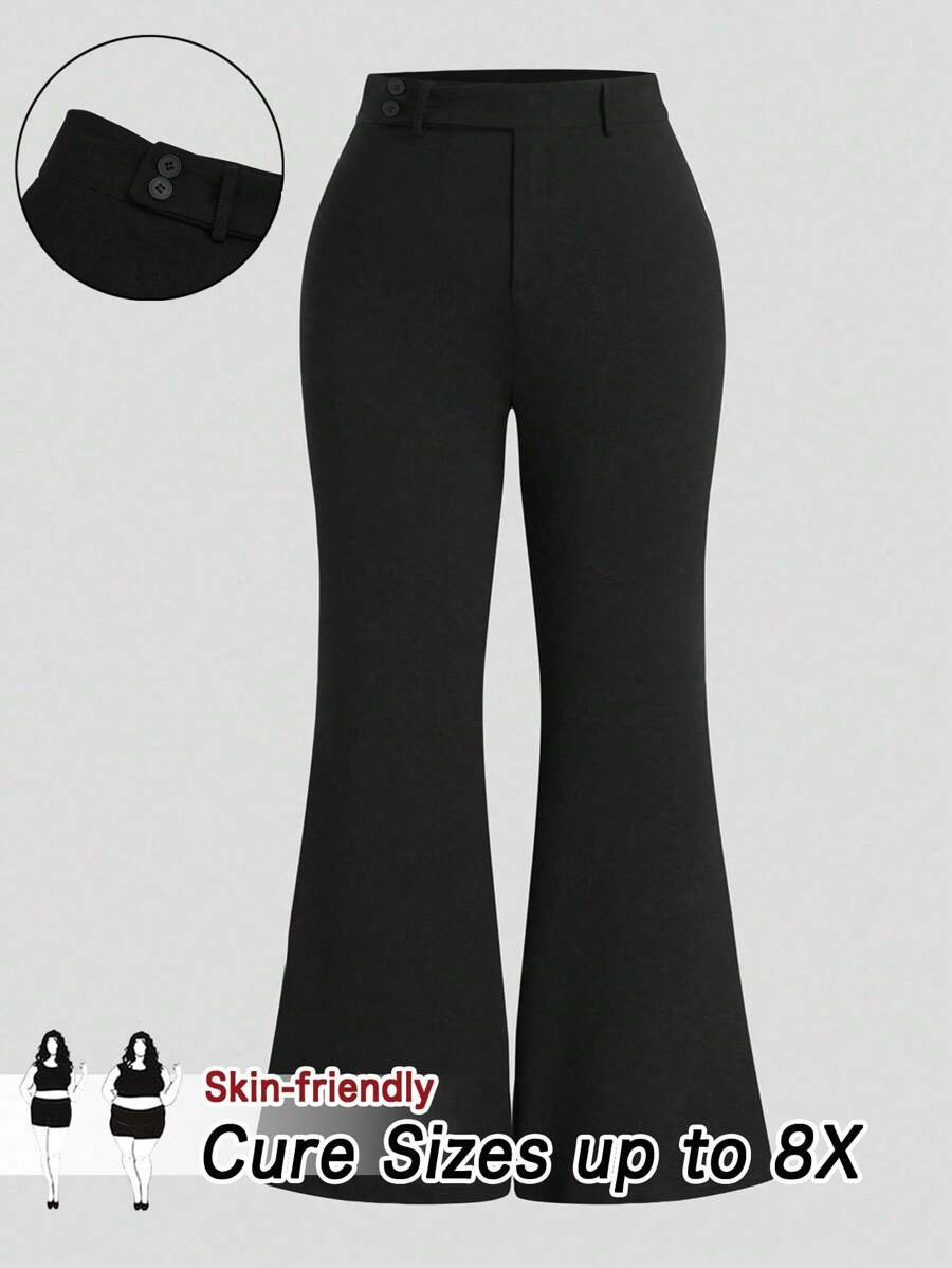 SHEIN CURVE+ 大码女式纯色时尚休闲紧身喇叭裤,适合通勤 - 黑色 - 查看 1
