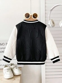 SHEIN 6M-3T 男婴休闲夹克，拼色，单排扣口袋，金属纽扣，灯芯绒衬衫款式，适合春季、夏季、秋季、上学、休闲、度假、运动、儿童服装、婴儿外套 - 黑色 - 查看 2