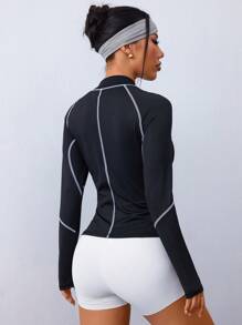 Gameset SHEIN Sport Summer Outdoor Running Fitness Training Sweat-Wicking Contrast Color Zipper Raglan Sleeve Sports Sweat Suit - Black - View 2
