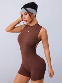 Easithlete Tight Hollow-Out Jumpsuit For Women, Suitable For Yoga & Outdoor Activities - Brown - View 3