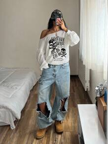 StreetHx 女士斜肩薄款卫衣，长袖，骷髅朋克亚文化白色卫衣，春秋 - 白色 - 查看 1