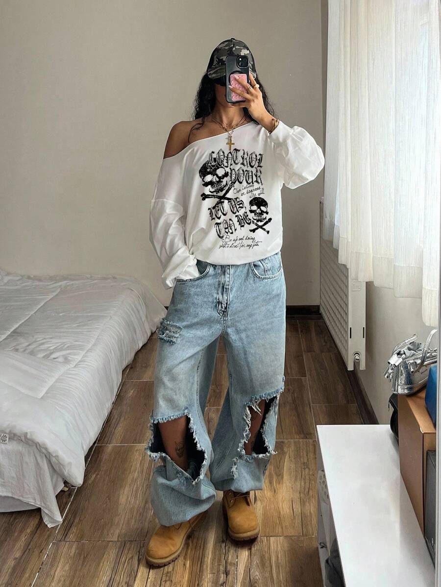 StreetHx 女士斜肩薄款卫衣，长袖，骷髅朋克亚文化白色卫衣，春秋 - 白色 - 查看 1