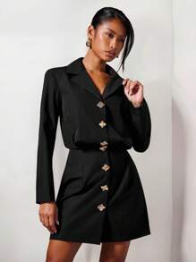 COSMINA Robes femme Automne Robe mini élégante à col V et boutons métalliques pour femmes, Automne/Hiver