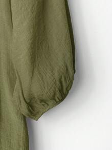 EMERY ROSE Áo sơ mi tay đèn lồng màu trơn thường ngày cỡ lớn - xanh quân đội - Xem 4