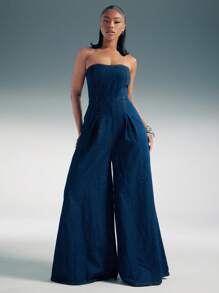 Denimoi 阔腿无袖牛仔连体裤 - 深色水洗藍 - 查看 3