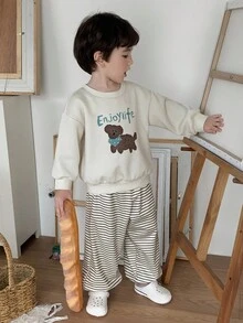 DAZY 2pcs Kids Fall Outfit, Young Boys Cartoon Graphic Fleece Sweatshirt And Striped Loose Casual Pants Set, Autumn, Winter - Apricot - View 6